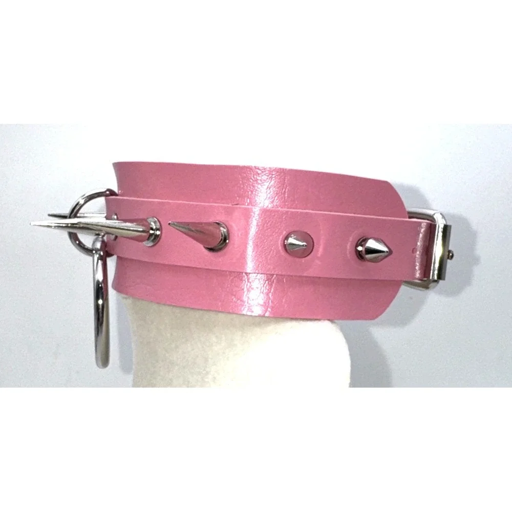 Pink Choker Necklace Gothic Punk Faux Leather‎ Metal Spikes O-Ring Collar Unisex